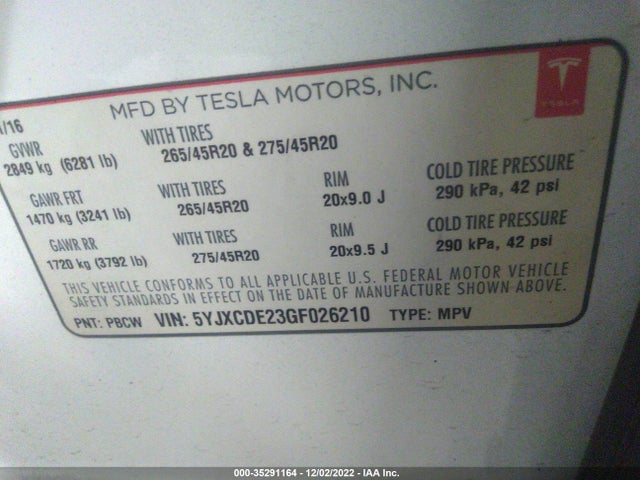 Tesla Model X 70d/90d/75d/60d 2016 5YJXCDE23GF026210 Image 10