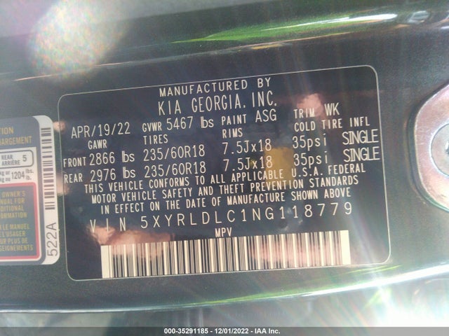 2022 Kia Sorento, VIN: 5XYRLDLC1NG118779