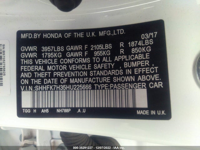 Honda Civic Hatchback Lx 2017 SHHFK7H35HU225666 Image 10