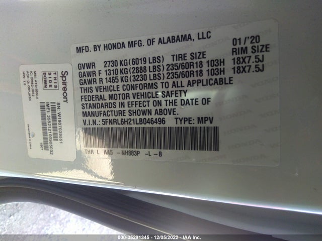 Honda ODYSSEY LX 2020 5FNRL6H21LB046496 Image 9