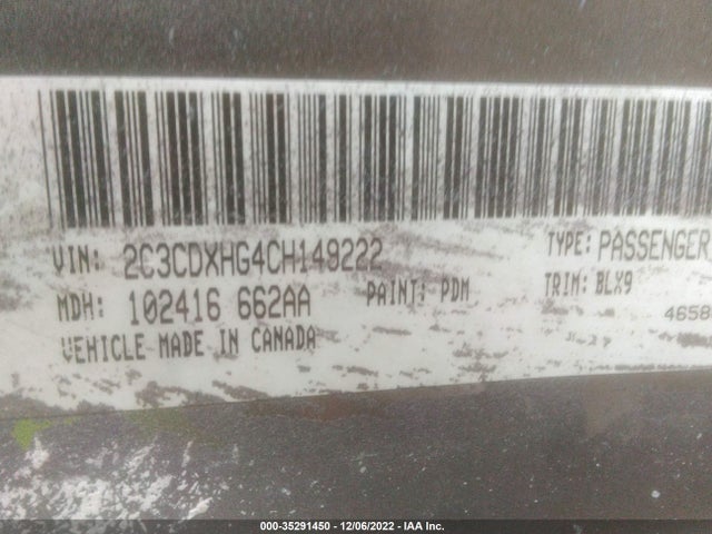 2012 DODGE CHARGER SXT PLUS VIN: 2C3CDXHG4CH149222