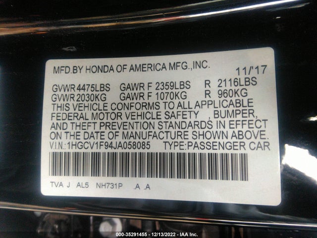 2018 Honda Accord, VIN: 1HGCV1F94JA058085
