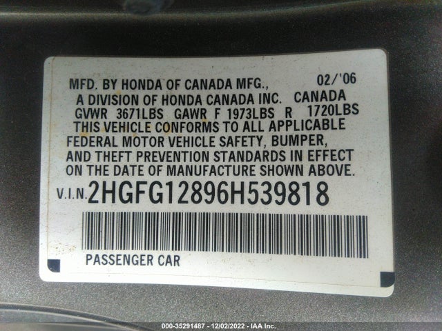 2006 HONDA CIVIC CPE EX VIN: 2HGFG12896H539818
