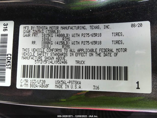 2020 Toyota Tundra, VIN: 5TFDY5F14LX952406