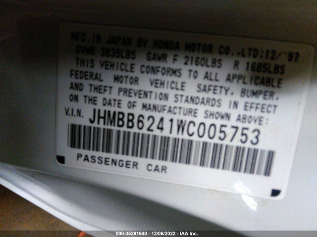 1998 HONDA PRELUDE VIN: JHMBB6241WC005753