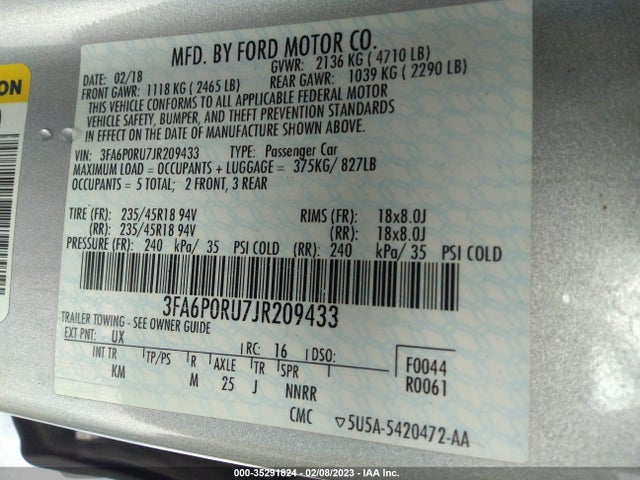 2018 Ford Fusion, VIN: 3FA6P0RU7JR209433