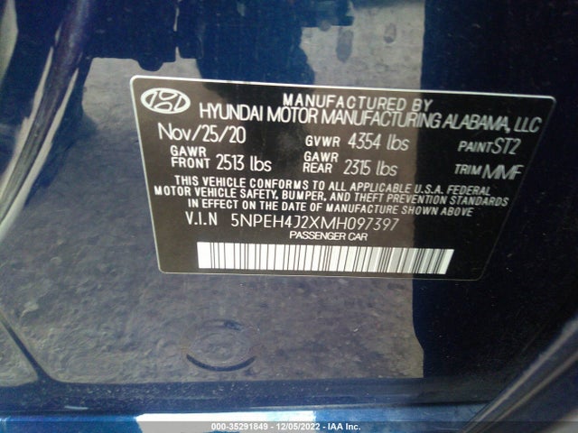 2021 HYUNDAI SONATA LIMITED VIN: 5NPEH4J2XMH097397