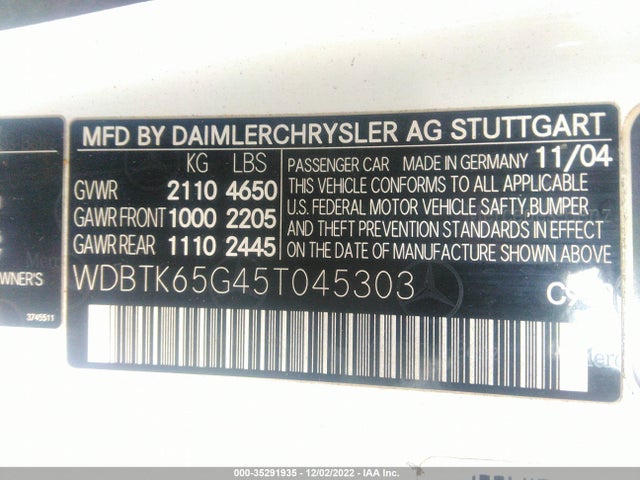2005 MERCEDES-BENZ CLK-CLASS 3.2L VIN: WDBTK65G45T045303