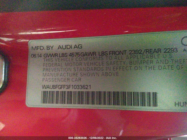 2015 AUDI S3/A3 2.0T PREMIUM VIN: WAUBFGFF3F1033621