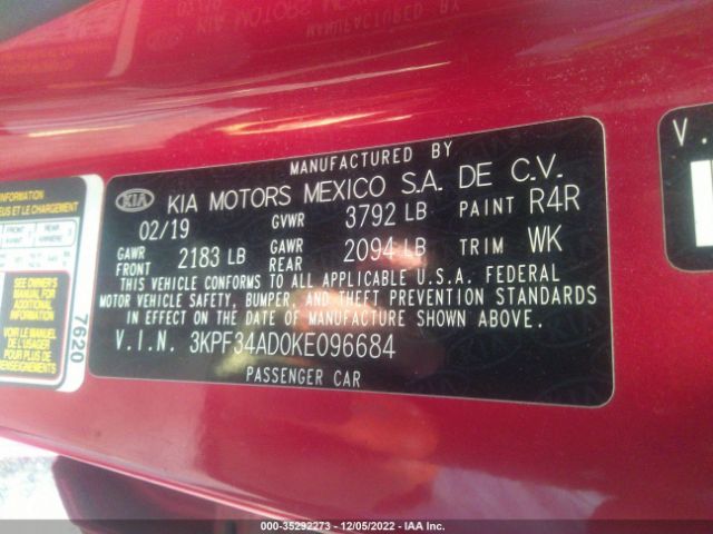 3KPF34AD0KE096684 KIA FORTE S