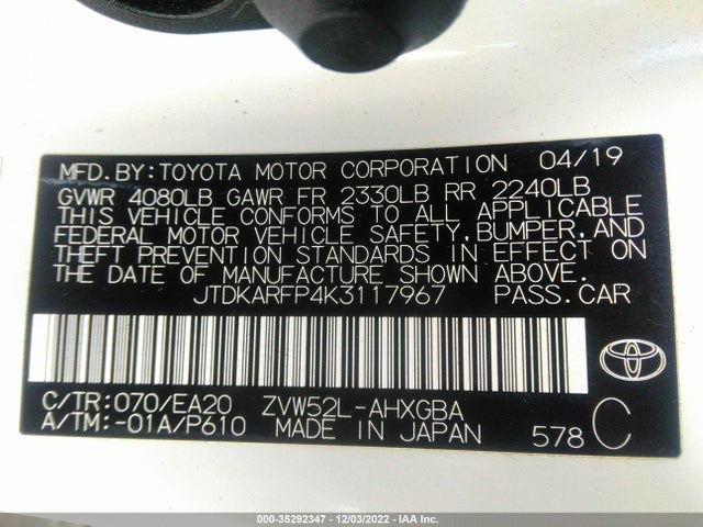 2019 Toyota Prius, VIN: JTDKARFP4K3117967