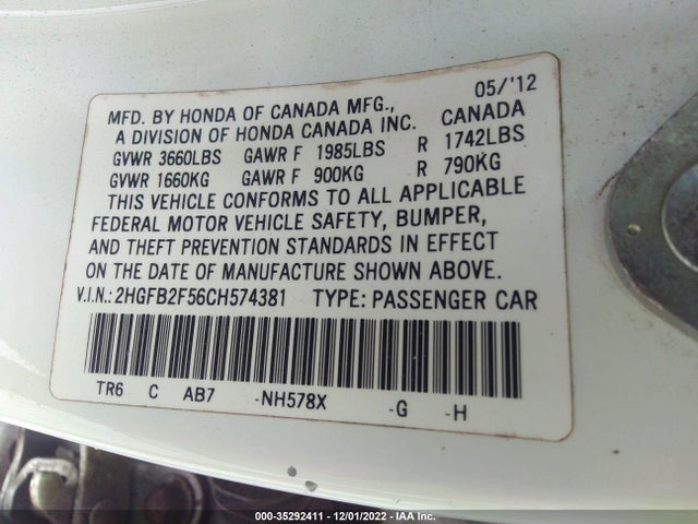2012 HONDA CIVIC SDN LX VIN: 2HGFB2F56CH574381