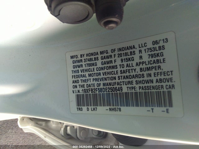2013 HONDA CIVIC SDN LX VIN: 19XFB2F58DE250649