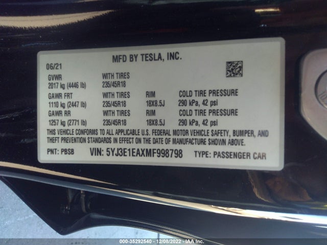 Tesla Model 3 Standard Range Plus 2021 5YJ3E1EAXMF998798 Image 9