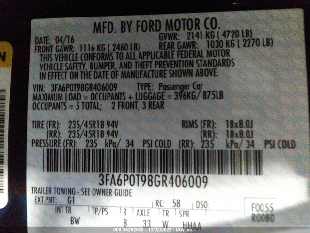 2016 Ford Fusion, VIN: 3FA6P0T98GR406009