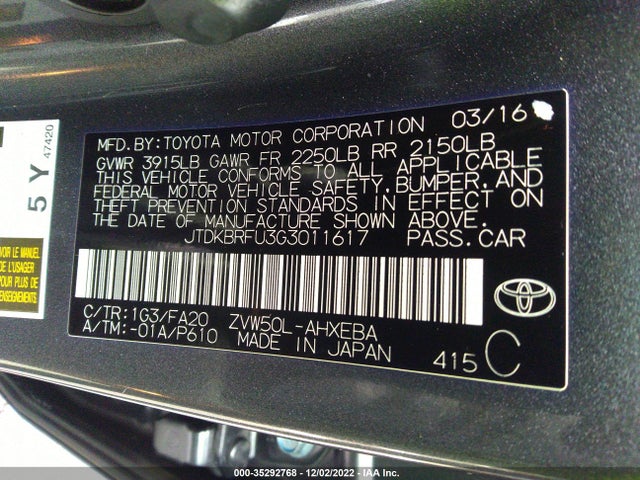 Toyota Prius Two 2016 JTDKBRFU3G3011617 Image 11