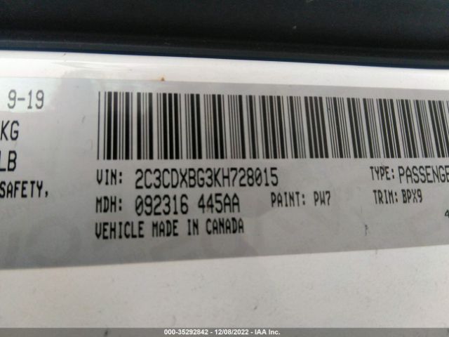 2C3CDXBG3KH728015 Dodge Charger Sxt