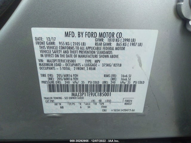 2018 FORD ECOSPORT SE VIN: MAJ3P1TE9JC185001