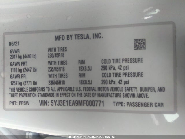 Tesla Model 3 Standard Range Plus 2021 5YJ3E1EA9MF000771 Image 10