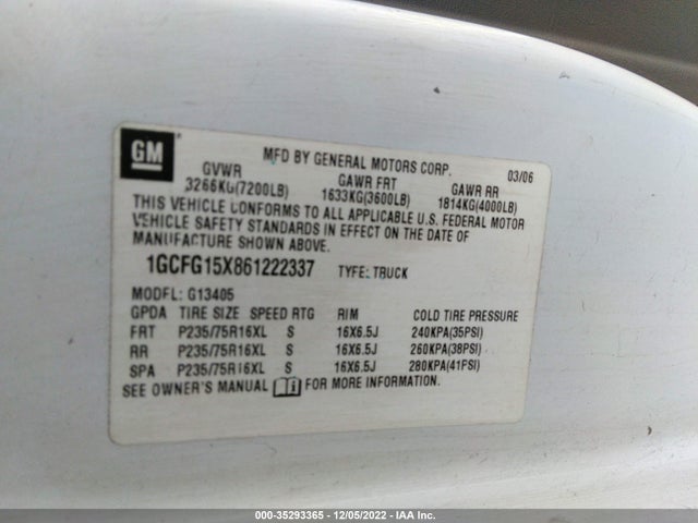 2006 CHEVROLET EXPRESS CARGO VAN VIN: 1GCFG15X861222337