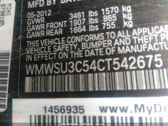 WMWSU3C54CT542675 Mini COOPER HARDTOP