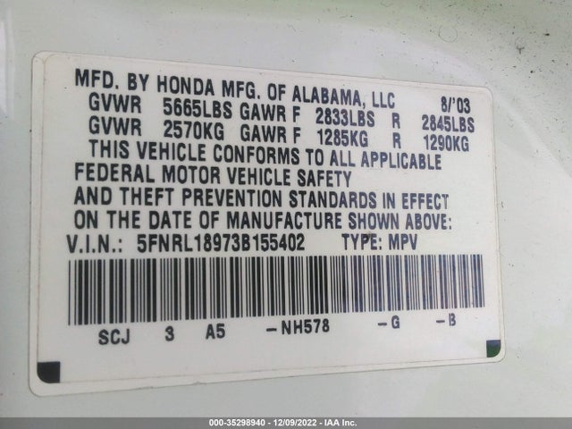 2003 HONDA ODYSSEY EX-L VIN: 5FNRL18973B155402