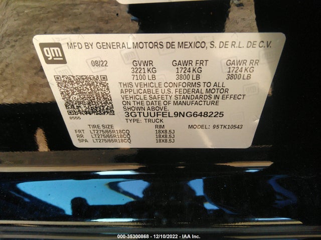 2022 GMC Sierra 1500, VIN: 3GTUUFEL9NG648225