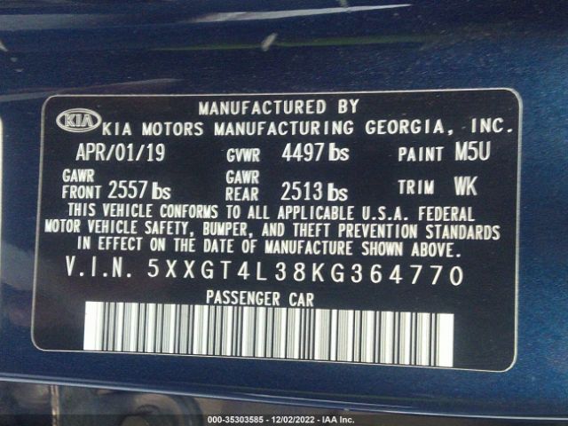 5XXGT4L38KG364770 KIA Optima S