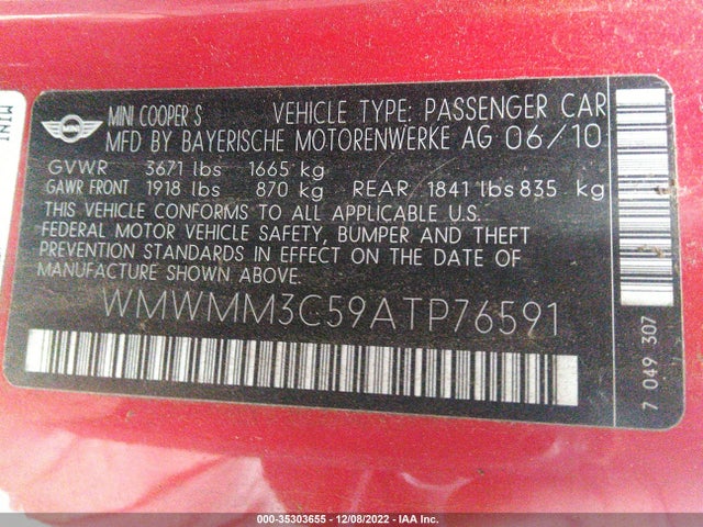 WMWMM3C59ATP76591 Mini Cooper Clubman S