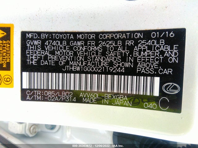 2016 Lexus ES, VIN: JTHBW1GG0G2119244