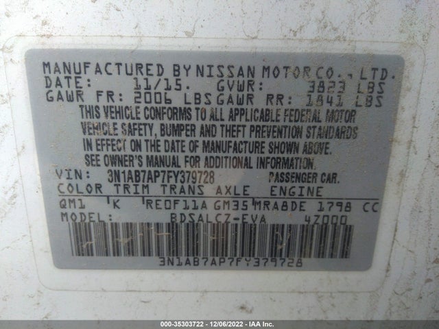 2015 NISSAN SENTRA S VIN: 3N1AB7AP7FY379728