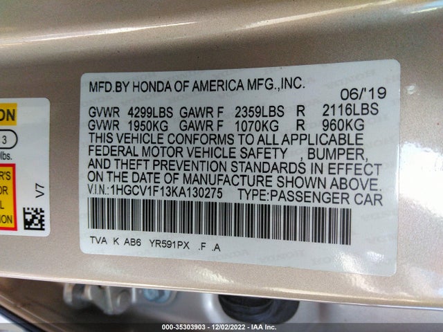 2019 HONDA ACCORD SEDAN LX 1.5T VIN: 1HGCV1F13KA130275
