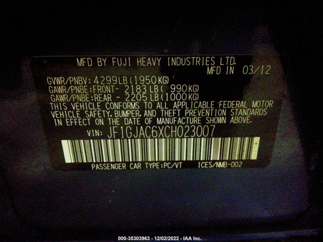 JF1GJAC6XCH023007 Subaru Impreza Sedan 2.0i Premium