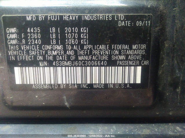 2012 SUBARU LEGACY 2.5I LIMITED VIN: 4S3BMBJ60C3006640