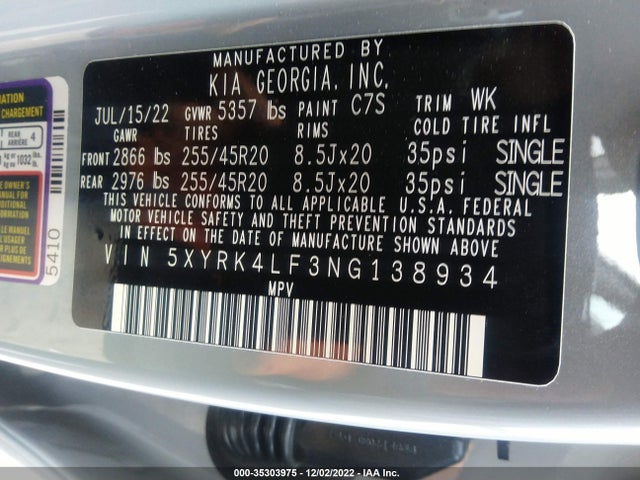 2022 Kia Sorento, VIN: 5XYRK4LF3NG138934