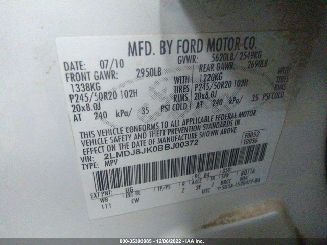Lincoln MKX 2011 2LMDJ8JK0BBJ00372 Image 9
