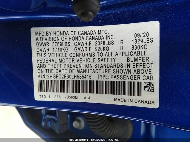 2020 HONDA CIVIC SEDAN LX VIN: 2HGFC2F60LH585415