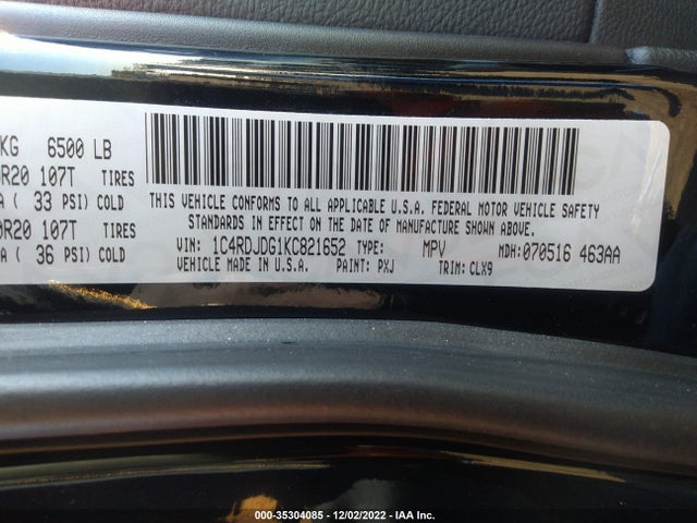 2019 Dodge Durango, VIN: 1C4RDJDG1KC821652