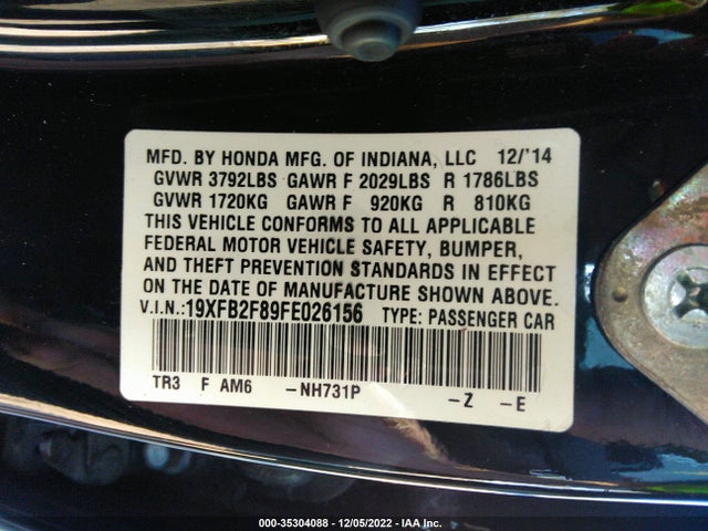 Honda Civic Sedan Ex 2015 19XFB2F89FE026156 Image 9