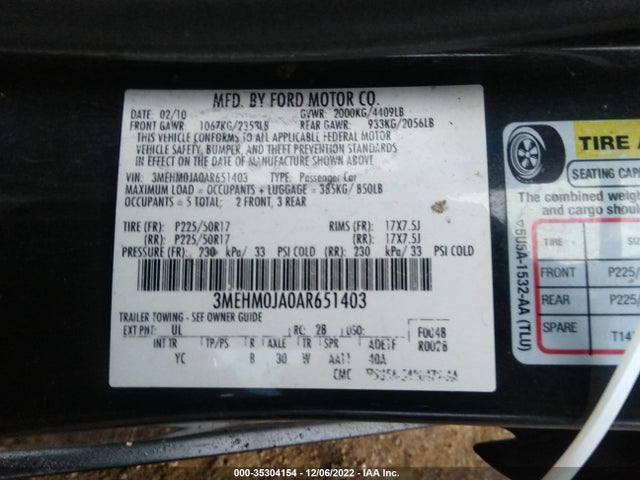 2010 MERCURY MILAN PREMIER VIN: 3MEHM0JA0AR651403