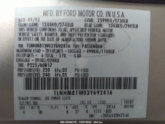 Lincoln Town Car Executive 2003 1LNHM81W03Y692416 Image 9