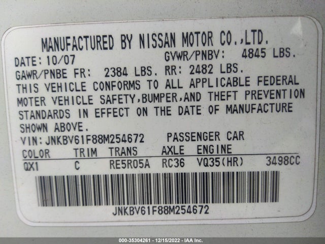 2008 INFINITI G35 SEDAN X VIN: JNKBV61F88M254672