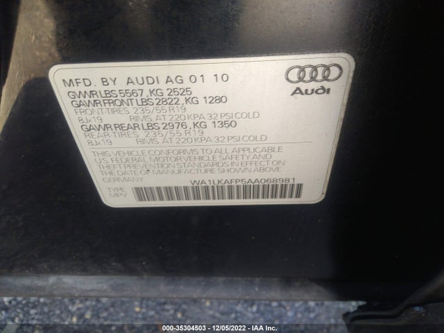 2010 AUDI Q5 PREMIUM PLUS VIN: WA1LKAFP5AA068981