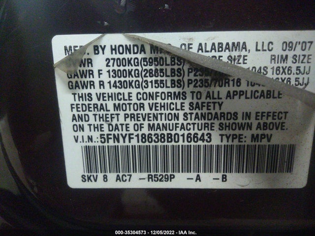 2008 HONDA PILOT EX-L VIN: 5FNYF18638B016643