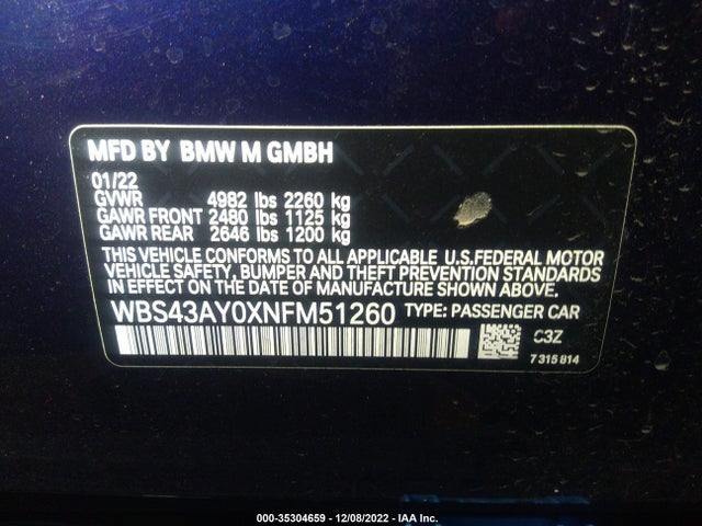 2022 BMW M3, VIN: WBS43AY0XNFM51260