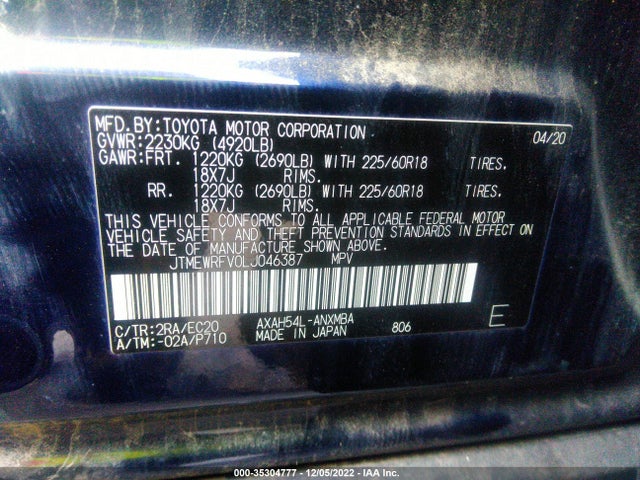 2020 TOYOTA RAV4 HYBRID XSE VIN: JTMEWRFV0LJ046387