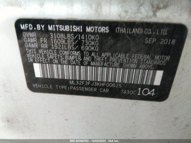 ML32F3FJ3KHF00625 Mitsubishi Mirage G4 Es/rf