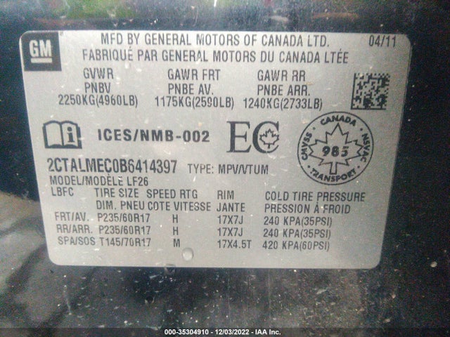 2011 GMC TERRAIN SLE VIN: 2CTALMEC0B6414397