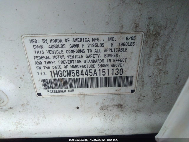 2005 HONDA ACCORD SDN LX VIN: 1HGCM56445A151130