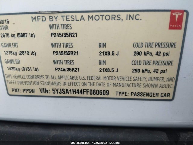 Tesla Model S 85d/p85d/90d/p90d 2015 5YJSA1H44FF080609 Image 9
